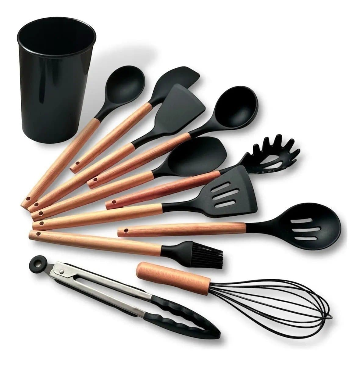 Kit com 12 Utensílios de Cozinha Silicone Cabo Madeira