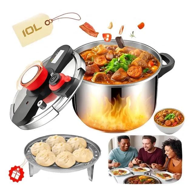 Panela de Pressão 10 Litros Antiaderente Inox Fundo Triplo 3 Velocidades Proteção 6 Níveis